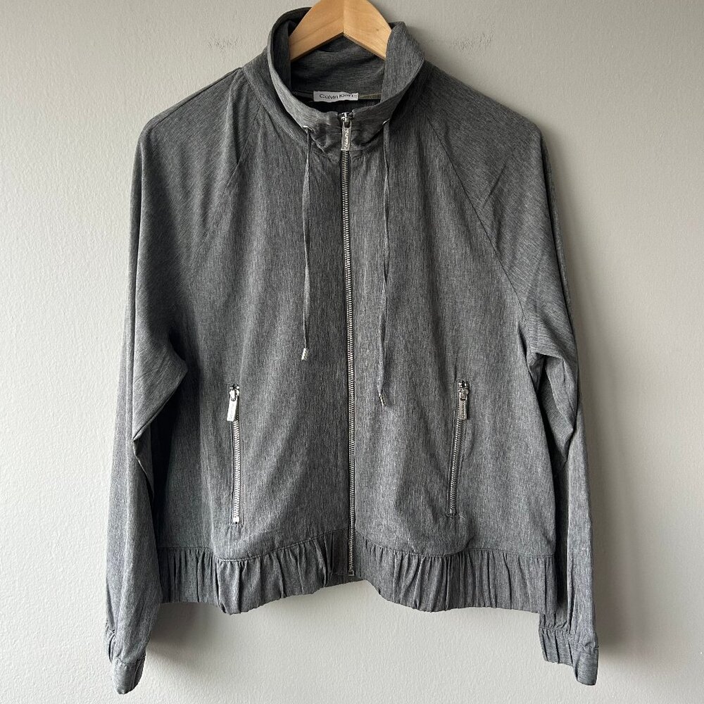 Calvin Klein Zip Front Jacket Women S/M Gray Ruffle Hem Lightweight NWOT - Picture 2 of 10